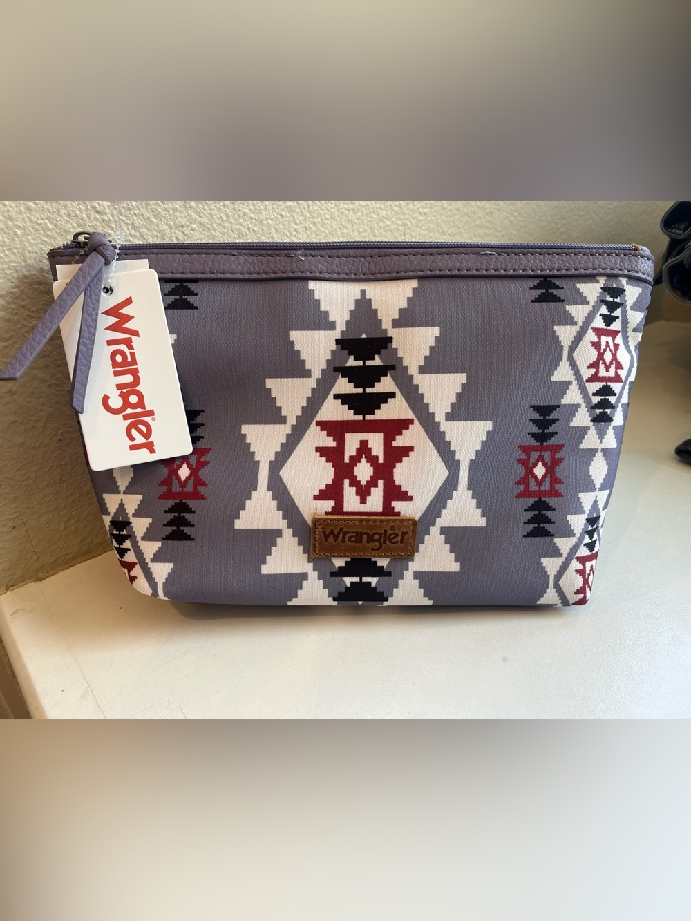 Wrangler Gray Aztec Print Cosmetic Pouch Bag with Red and Black Accents
